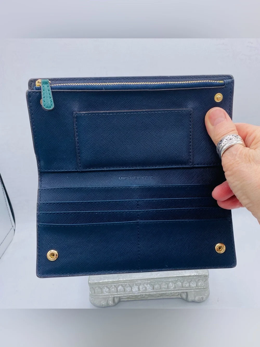 Michael Kors Teal Saffiano Leather Jet Set Travel Wallet with Gold Logo